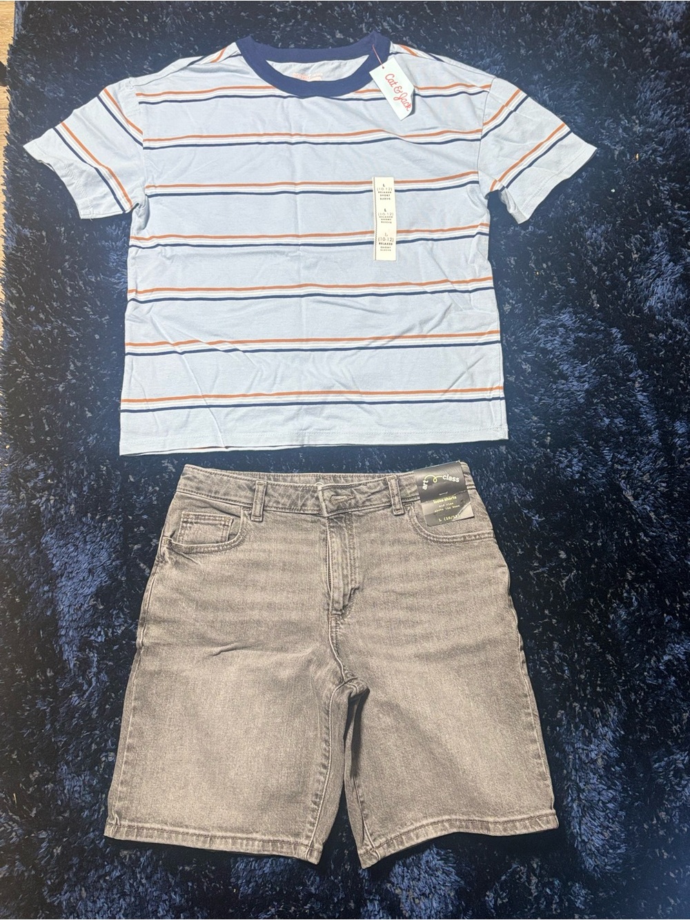 Cat & Jack Light Blue Striped Tee with Navy Trim